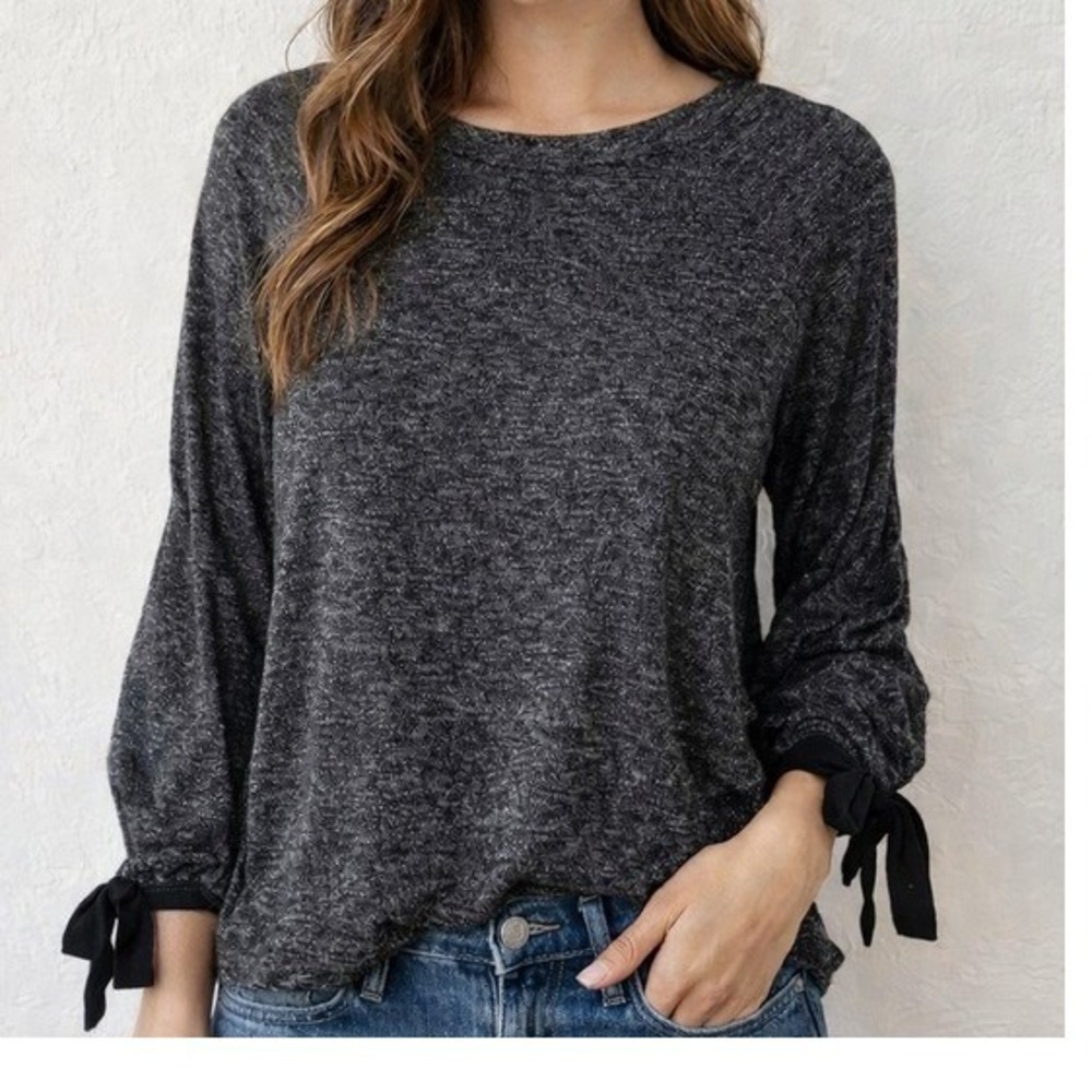 1804 Coin Charcoal Gray Marl Knit Top Balloon Sleeve Ribbon‎ Tie Small